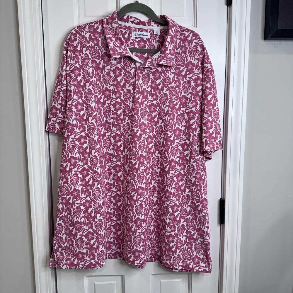 Caribbean Polo Shirt Mens XXL Pink Hawaiian Floral Tropical Stretch Golf Polo